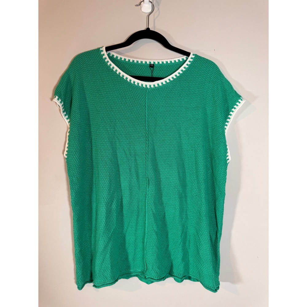 ETCYY NEW Green Knit Sweater Sleeveless Crew Neck Crochet Trim Top 2XL